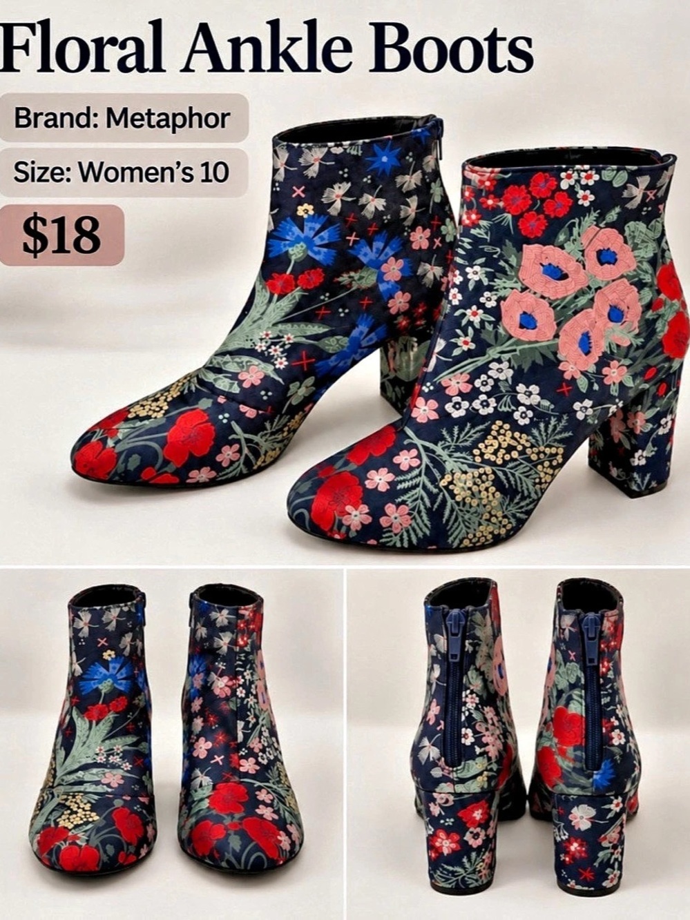 Metaphor Floral Ankle Boots Black & Red US 10 Like New